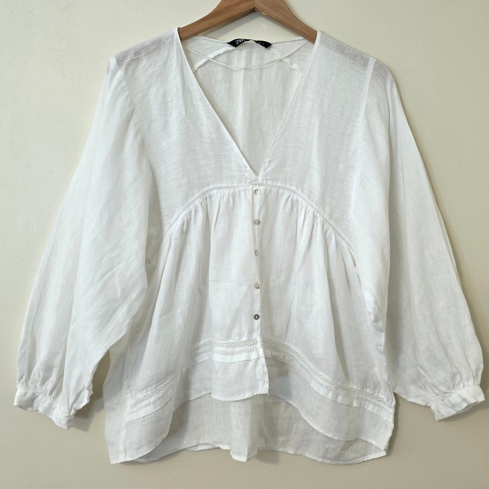 Zara Linen Balloon Sleeve Babydoll Top Sz M Romantic White Flowy Boho Peasant - Picture 1 of 10